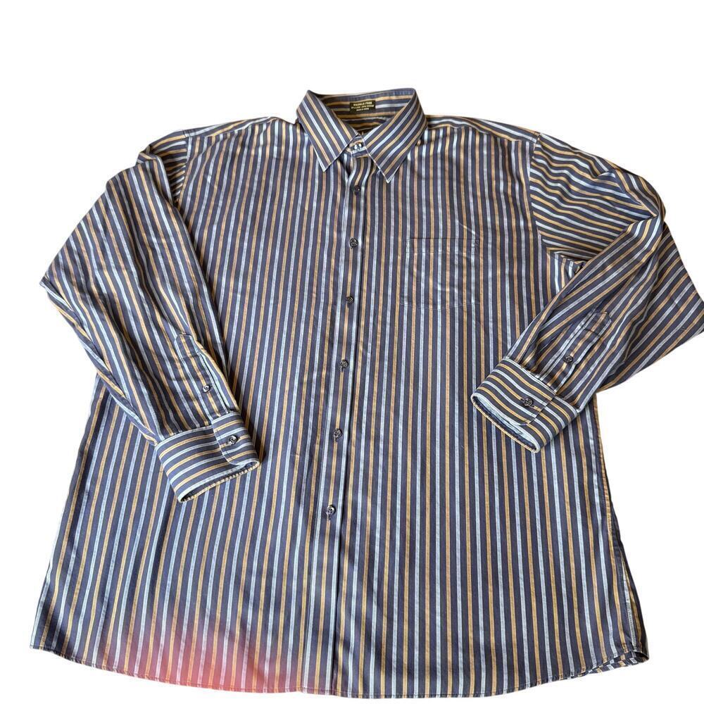 Neiman Marcus Mens XXL Dress Shirt Navy Blue Gold Stripe 100% Cotton Wrinkle Fre